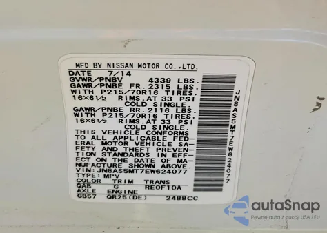 2014 Nissan Rogue Select S z USA, uszkodzony, nr VIN JN8AS5MT7EW624077